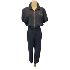 ST. JOHN SPORT" Elastic Waist Z/U 1Pc Jumpsuit SZ L VTG Navy Metal Accent Buckle